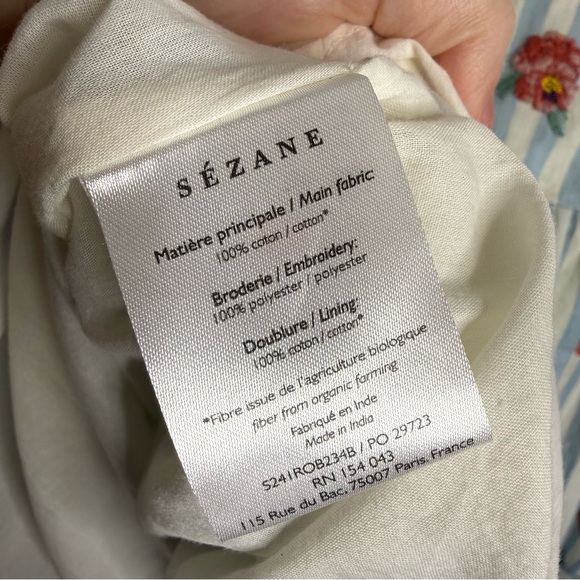 Sézane Saphir Mini Dress Floral Embroidery Blue White Striped US 6 NWT - Picture 8 of 14